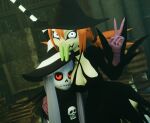 3d_(artwork) animate_inanimate animated_skeleton annoyed big_breasts black_clothing black_dress bone breast_envy breast_size_difference breasts cleavage clothed clothing digital_media_(artwork) doll dress duo face_in_breasts female female/female flat_chested forked_tongue gesture gloves green_body hair hand_gesture hand_on_shoulder handwear hat headgear headwear hi_res humanoid karaka_(merafume) kidunadoll living_doll long_hair lorded orange_hair pigtails red_eyes side_hug skeleton skull smug tongue tongue_out undead v_sign white_body white_eyes white_hair wide_hips witch_costume witch_hat