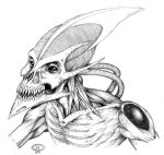  2007 alien ambiguous_gender biomechanical black_sclera graphite_(artwork) humanoid kasse monochrome not_furry pencil_(artwork) signature simple_background skeletal sketch solo traditional_media_(artwork) tubes white_background 