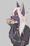2021 anthro azzai black_clothing black_crop_top black_nose black_shirt black_topwear canid canine clothing colored crop_top digital_drawing_(artwork) digital_media_(artwork) eating eating_food eating_sandwich eyebrows eyelashes female food fox fur grey_background grey_body grey_fur grey_markings hair holding_food holding_object holding_sandwich long_hair mammal markings open_mouth orange_eyes red_fox sandwich_(food) shaded shirt silver_fox simple_background simple_shading snout solo topwear true_fox upper_body white_eyebrows white_eyelashes white_hair