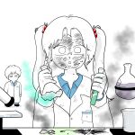  1boy 1girl beaker commentary hair_tie highres holding_beaker jia_han kkamziru korean_commentary lab_coat short_hair song_hyun_min spicy_couple twintails webtoon 