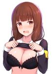  1girl armband bangs black_bra blunt_bangs blush bra breasts brown_hair cai_geng cleavage clothes_lift commentary embarrassed eyebrows_visible_through_hair iino_miko kaguya-sama_wa_kokurasetai_~tensai-tachi_no_renai_zunousen~ lifted_by_self long_hair long_sleeves low_twintails medium_breasts motion_lines nose_blush open_mouth red_eyes simple_background solo tearing_up tears trembling twintails underwear upper_body white_background 