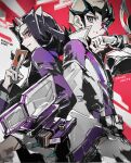  2boys blonde_hair card coat deck_of_cards duel_disk green_hair heterochromia highres holding holding_card kamishiro_ryouga libuqilai male_focus multicolored_hair multiple_boys red_eyes scouter tenjou_kaito trading_card two-tone_hair white_coat yu-gi-oh! yu-gi-oh!_zexal 