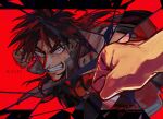  1boy black_hair broken_glass clenched_hand clenched_teeth commentary_request glass itou_kaiji kaiji long_nose male_focus medium_sideburns nbonbo_retro punching red_background red_theme short_hair sideburns signature simple_background solo teeth twitter_username 