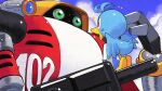  arm_cannon armor bird bird_on_hand blue_sky cloud commission e-102_gamma flicky_(character) green_eyes hand_up highres inkerton-kun mecha mecha_focus multicolored_armor non-humanoid_robot notice_lines red_armor robot second-party_source sky sonic_(series) sonic_adventure weapon white_armor 