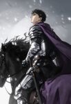  1boy absurdres animal armor black_horse cape chinese_commentary closed_mouth commentary_request foot_out_of_frame haikyuu!! highres horseback_riding looking_up male_focus medium_sideburns purple_cape riding scabbard sheath sheathed short_hair sideburns sil_baswaste sitting snowing solo sword ushijima_wakatoshi weapon 