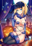  1girl :q absurdres ahoge arm_support artoria_pendragon_(all) bare_shoulders baseball_cap bat black_legwear blonde_hair blue_eyes breasts bug butterfly cleavage closed_mouth cosplay curtains dangerous_beast elbow_gloves fate/grand_order fate_(series) full_moon fur_collar gloves hair_through_headwear hat heishan hexagram highleg highres insect jack-o&#039;-lantern large_breasts long_hair looking_at_viewer mash_kyrielight mash_kyrielight_(cosplay) moon mysterious_heroine_x navel plaid ponytail revealing_clothes rojiura_satsuki:_chapter_heroine_sanctuary sidelocks sitting smile solo stomach strap_pull thighhighs thighs tongue tongue_out 