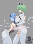  2girls absurdres admiral_nakhimov_(azur_lane) aksu animal_ears azur_lane bare_back blue_hair bodysuit bogatyr_(azur_lane) breasts cat_ears cat_tail covered_nipples earmuffs fake_animal_ears fake_tail from_side gloves green_hair grey_background highres large_breasts long_sidelocks multiple_girls northern_parliament_(emblem) orange_eyes purple_eyes short_hair sidelocks simple_background tail white_bodysuit white_gloves 