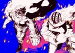  2boys ame_ekai blue_background cape commentary embers eustass_kid facial_hair goatee greyscale_with_colored_background highres hockey_mask killer_(one_piece) long_hair male_focus mask mechanical_arms multiple_boys one_piece short_hair single_mechanical_arm 