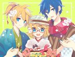  1girl 2boys :d blonde_hair blue_eyes blue_hair blue_nails brother_and_sister cherry_blossoms closed_mouth commentary_request flower fur_collar glasses green_background hair_flower hair_ornament hairclip hat holding_hands japanese_clothes kagamine_len kagamine_rin kaito kimono looking_at_viewer multiple_boys obi open_mouth orange_nails outline petals ponytail red-framed_eyewear sash scarf short_hair siblings smile upper_body vocaloid white_flower white_outline yoshiki 