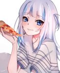  1girl artist_name bangs blue_eyes blue_hair blue_nails blunt_bangs blush cheese_trail chromatic_aberration commentary english_commentary eyebrows_visible_through_hair food gawr_gura hand_up highres holding holding_food holding_pizza hololive hololive_english keisea looking_at_viewer multicolored_hair nail_polish parted_lips pepperoni pizza pizza_slice shirt short_sleeves signature silver_hair streaked_hair striped striped_shirt teeth virtual_youtuber 