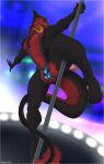 absurd_res anthro athletic balls_outline baogacc black_body black_fur black_sclera blue_clothing bulge claws clothed clothing dancing detailed_bulge dragon ear_piercing ear_ring facial_piercing feet fur genital_outline hi_res horn hybrid latex latex_clothing latex_underwear long_tail long_tongue looking_at_viewer male mammal multicolored_body multicolored_fur muscular mythological_creature mythological_scalie mythology nose_piercing nose_ring nota_wordsanna one-piece_swimsuit open_mouth penis_outline piercing pole pole_dancing pose red_body red_fur ring_piercing scalie septum_piercing sergal slim sling_bikini smile solo stage stripper stripper_pole swimwear tail teeth tight_clothing tongue tongue_out underwear underwear_only