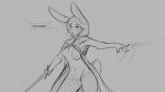  16:9 2020 anthro breasts cape clothing dialogue english_text female fur genitals grey_background hair holding_object holding_sword holding_weapon lagomorph leporid magic mammal melee_weapon monochrome nipples nude pussy rabbit simple_background solo sword text watsup weapon widescreen 