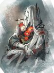  1boy absurdres blue_coat border charon_(reverse:1999) coat commentary covered_face dog_tags fading_border flower gloves grey_background highres holding_dog_tags male_focus poppy_(flower) red_flower reverse:1999 solo upper_body veil white_flower white_gloves white_veil yuha6666 