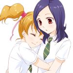  2girls bangs blonde_hair blue_hair closed_eyes closed_mouth collared_shirt dress_shirt eyebrows_visible_through_hair fresh_precure! green_neckwear hair_between_eyes hair_ornament higashi_setsuna hug kotobuki_oto long_hair looking_at_another momozono_love multiple_girls necktie parted_bangs precure red_eyes school_uniform shiny shiny_hair shirt short_sleeves simple_background striped striped_neckwear twintails upper_body white_background white_shirt wing_collar yuri 