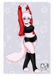 amoni_(artist) anthro biped border bottomwear canid canine clothing coat crop_top denim denim_bottomwear denim_clothing denim_shorts female female_anthro fluffy fluffy_tail fox front_view hair hi_res mammal raised_arm red_clothing red_coat red_eyes red_topwear shirt shorts simple_background solo standing tail topwear white_body white_border white_hair