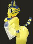 2024 animal_crossing ankha_(animal_crossing) anthro areola belly big_areola big_breasts biped black_background bodily_fluids breasts clothed clothing digital_media_(artwork) digital_painting_(artwork) domestic_cat felid feline felis female female_anthro frown hair jewelry looking_at_viewer mammal markings mighty-whydah nintendo nipples painting_(artwork) side_view simple_background skimpy solo standing striped_markings striped_tail stripes sweat tail tail_markings translucent translucent_clothing uraeus yellow_body