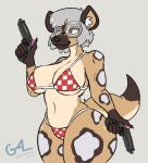 2026 african_wild_dog anthro big_breasts bikini bikini_bottom bikini_top bob_cut bottomwear breasts brown_body brown_fur brown_hands brown_spots canid canine checkered checkered_bottomwear checkered_clothing checkered_topwear claws clothing croatia_bikini digital_drawing_(artwork) digital_media_(artwork) dual_wielding eyewear female fingerpads fur glasses good4life4ever grey_hair gun hair hi_res holding_gun holding_object holding_ranged_weapon holding_weapon inner_ear_fluff looking_away mammal navel nipple_outline pattern_bottomwear pattern_clothing pattern_topwear pawpads pink_pawpads portrait ranged_weapon round_glasses shaded signature smile solo spots swimwear tail tan_body thick_thighs three-quarter_portrait topwear tuft two-piece_swimsuit veronica_(azimuthium) weapon white_inner_ear white_spots wide_hips