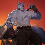 1:1 2025 5_fingers abs anthro areola arm_tuft belt belt_buckle biceps big_muscles big_pecs big_tail biped black_belt black_bottomwear black_clothing black_nose black_pants blue_body blue_fur blue_tail bottomwear bracelet buckle canid canine canis cheek_tuft chest_tuft chin_tuft claws clothed clothed_anthro clothed_male clothing collar countershade_arms countershade_face countershade_fur countershade_tail countershade_torso countershading deltoids digital_media_(artwork) dislyte ear_piercing elbow_tuft eyebrows eyewear facial_tuft fangs finger_claws fingerless_gloves fingers fluffy fluffy_tail forearm_muscles freddy_(dislyte) fully_clothed fully_clothed_anthro fully_clothed_male fur gloves gradient_background grin handwear head_tuft hi_res holding_eyewear holding_object holding_sunglasses humanoid_hands jewelry leaning_on_motocycle leaning_on_object lilith_games looking_aside male mammal motorcycle multicolored_body multicolored_fur muscular muscular_anthro muscular_arms muscular_legs muscular_male navel neck_tuft nipples orange_background pants pecs piercing pointy_ears prick_ears purtropos quads raised_hand shirt signature simple_background smile solo spiked_bracelet spikes standing sunglasses tail teeth thick_thighs tight_bottomwear tight_clothing tight_pants topwear torn_clothing torn_shirt torn_topwear translucent translucent_clothing translucent_shirt translucent_topwear triceps tuft two_tone_body two_tone_fur two_tone_tail vehicle wearing_gloves white_body white_claws white_clothing white_eyebrows white_fur white_shirt white_tail white_topwear wolf yellow_eyes zipper