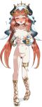  1girl :d absurdres bar_censor blue_nails blush bracer breasts censored circlet closed_eyes commentary_request detached_sleeves fake_horns flying_sweatdrops full_body genshin_impact gladiator_sandals gold_sandals gold_trim highres horns jewelry long_hair long_sleeves medium_breasts nail_polish navel neck_ring nilou_(genshin_impact) nipples nude okura-chan_(at_nya5) open_mouth own_hands_together puffy_long_sleeves puffy_sleeves pussy red_hair sandals simple_background small_breasts smile solo standing stomach sweat thighlet toenail_polish toenails toes veil very_long_hair white_background white_veil 