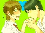  2boys :o black_hair blush brown_hair collared_shirt commentary_request diagonal-striped_clothes diagonal-striped_necktie ear_blush fingernails flustered from_side green_background green_eyes hair_between_eyes hand_grab hand_up heart kashima_yuu_(yarichin_bitch-bu) kiss kissing_hand looking_ahead looking_at_another looking_to_the_side male_focus medium_hair multiple_boys necktie official_artist_extra ogeretsu_tanaka open_mouth partially_unbuttoned portrait red_necktie saturated_background school_uniform shirt short_hair simple_background sleeves_rolled_up small_sweatdrop striped_clothes toono_takashi translation_request very_short_hair white_shirt wide-eyed yaoi yarichin_bitch-bu 