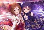  2girls :d blush brown_eyes brown_hair commentary_request commission concert domyoji_karin dress flower glowstick hair_flower hair_ornament hakama highres holding holding_microphone idolmaster idolmaster_cinderella_girls ima_(lm_ew) japanese_clothes kimono looking_at_viewer microphone multiple_girls open_mouth ponytail purple_dress purple_flower purple_hair purple_rose red_eyes red_hakama rose second-party_source shiragiku_hotaru short_hair skeb_commission smile stage translation_request white_flower white_kimono white_rose 
