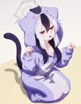  1girl absurdres alternate_costume animal_costume animal_ear_hood black_hair blue_archive cat_costume cat_tail commentary_request fake_tail grey_halo hair_between_eyes halo highres hood kayoko_(blue_archive) long_hair looking_at_viewer multicolored_hair open_mouth pajamas paw_pose purple_pajamas red_eyes shiroiurushi solo tail two-tone_hair white_hair 