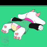 2021 3_toes 4_fingers ambiguous_gender anthro artist_logo artist_name bodily_fluids bovid caprine clothing darkner deltarune diaper feet fingers flat_colors floppy_ears full-length_portrait fur genital_fluids goat head_horn heart_symbol hi_res horn logo lying male_(lore) mammal multicolored_clothing multicolored_shirt multicolored_topwear on_front pawpads pink_horn pink_pawpads pink_scarf portrait ralsei scarf shadyadi shirt signature solo striped_diaper text toes topwear two_tone_clothing two_tone_shirt two_tone_topwear unclean_diaper undertale_(series) urine used_diaper wet_diaper white_body white_fur