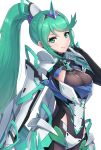  1girl armor bangs breasts cowboy_shot earrings gloves gonzarez green_eyes green_hair hair_ornament headpiece highres jewelry long_hair long_ponytail looking_at_viewer pneuma_(xenoblade_2) ponytail simple_background smile solo swept_bangs tiara white_background xenoblade_(series) xenoblade_2 