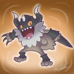  artg0blin beard claws commentary english_commentary facial_hair full_body highres horns legs_apart no_humans open_mouth perrserker pokemon pokemon_(creature) pokemon_focus sharp_teeth signature smile solo teeth 