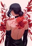  1girl back backless_dress backless_outfit black_dress black_gloves black_hair chainsaw_man commentary dhashinn dress elbow_gloves explosive flower gloves grenade hair_bun highres red_flower reze_(chainsaw_man) sidelocks solo 