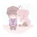 1boy 1girl absurdres aivy_lovencraft blush chibi craftito happy_valentine hat highres indie_virtual_youtuber keptnis kiss long_hair non-web_source pink_hair simple_background sitting valentine virtual_youtuber 