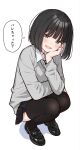  1girl :d akagi_natsuichi black_hair black_skirt blunt_bangs blush collared_shirt commentary_request full_body grey_shirt hand_on_own_cheek hand_on_own_face highres loafers long_sleeves looking_at_viewer open_mouth original pleated_skirt school_uniform shirt shoes skirt smile solo squatting thighhighs 