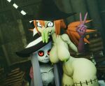 3d_(artwork) animate_inanimate animated_skeleton annoyed big_breasts big_butt bone breast_envy breast_size_difference breasts butt clothing digital_media_(artwork) doll duo face_in_breasts female female/female flat_chested forked_tongue genitals gesture gloves green_body hair hand_gesture hand_on_shoulder handwear hat headgear headwear hi_res humanoid karaka_(merafume) kidunadoll living_doll long_hair lorded mostly_nude nipples orange_hair pigtails red_eyes rib_cage seam_(sewing) side_hug skeleton smug tongue tongue_out undead v_sign vulva white_body white_eyes white_hair wide_hips witch_costume witch_hat