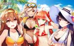  +_+ 4girls :d ahoge arm_up armpits bare_arms bare_shoulders bikini bikini_tan black_bikini black_choker bow bracelet breasts brown_hair choker cleavage collarbone cup day drinking drinking_glass drinking_straw flower girl_cafe_gun goggles goggles_on_head green_eyes grin hair_bow hair_ornament hairband hairclip hand_up hat hat_flower holding irene_white_(girl_cafe_gun) iritoa jacket jewelry large_breasts lida_romero long_hair looking_at_viewer medium_breasts multiple_girls navel necklace notice_lines official_art one_eye_closed open_clothes open_jacket open_mouth orange_hair outdoors parted_lips purple_hair red_choker red_eyes rococo_(girl_cafe_gun) self_shot shi_wuxia small_breasts smile stomach string_bikini sun_hat swimsuit symbol-shaped_pupils tan tanline twintails watermark white_bikini white_hair white_headwear wristband yellow_bikini yellow_jacket 