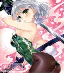  1girl alternate_costume animal_ears blush breasts brown_pantyhose chacham commentary_request dual_wielding fake_animal_ears falling_petals glint green_eyes green_leotard green_nails grey_hair highleg highleg_leotard hitodama holding holding_sword holding_weapon konpaku_youmu konpaku_youmu_(ghost) leotard looking_at_viewer medium_breasts medium_hair open_mouth pantyhose petals pink_petals playboy_bunny rabbit_ears rabbit_tail sheath sheathed solo strapless strapless_leotard sword tail touhou traditional_media twitter_username unsheathed watermark weapon 