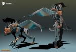 2019 3_toes 4_toes absurd_res alternate_form anthro avian beast_mode black_nose blue_eyes canid canine canis character_name claws colored digital_drawing_(artwork) digital_media_(artwork) dual_wielding english_description english_text feet feral fuzor gradient_background grey_background grey_claws grey_wings hasbro hi_res holding_melee_weapon holding_object holding_weapon inkarat_mittongtare light lighting logo male male_anthro male_feral mammal maximal melee_weapon metallic_body multicolored_body nude_anthro nude_male orange_body paws quadruped robot_anthro robot_feral shaded sharp_teeth silverbolt simple_background solo standing takara_tomy teeth text title toe_claws toes transformers transformers:_beast_wars weapon wings wolf