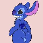 alien anthro balls blue_body blue_fur butt claws disney finger_claws fur genitals glistening glistening_butt hi_res lilo_and_stitch long_ears looking_back male notched_ear rear_view sharp_teeth short_tail simple_background sleepyly smile solo stitch_(lilo_and_stitch) tail tan_background teeth