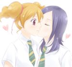  2girls bangs blonde_hair blue_hair blush cheek_kiss closed_eyes closed_mouth collared_shirt fresh_precure! green_neckwear hair_ornament heart higashi_setsuna kiss kotobuki_oto long_hair momozono_love multiple_girls necktie parted_bangs precure red_eyes school_uniform shiny shiny_hair shirt short_sleeves simple_background striped striped_neckwear upper_body white_background white_shirt wing_collar yuri 