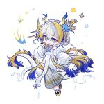  1girl arknights bead_necklace beads blonde_streaks blue_streaks chibi colored_extremities colored_skin commentary_request dragon_girl dragon_horns dragon_tail fur-tipped_tail green_eyes hair_intakes hair_ornament highres horns jewelry long_skirt long_sleeves looking_at_viewer multicolored_hair necklace official_alternate_costume rainsakura0929 shirt shu_(arknights) shu_(bingwenyuyou)_(arknights) simple_background skirt smile solo streaked_hair tail white_background white_hair white_shirt white_skirt yellow_skin 