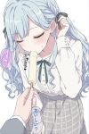 1girl absurdres ai-generated bang_dream! bang_dream!_it's_mygo!!!!! blue_hair commentary_request ebidai food highres popsicle pov pov_hands sexually_suggestive shirt shy togawa_sakiko white_shirt 