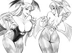  2girls absurdres ass back bangs bare_shoulders bat_wings breasts bridal_gauntlets cleavage commentary contrapposto demon_girl dirty_ero elbow_gloves english_commentary gloves head_wings highres large_breasts leaning_forward leotard lilith_aensland lipstick long_hair looking_at_viewer makeup morrigan_aensland multiple_girls print_legwear short_hair siblings sisters standing strapless strapless_leotard succubus take_your_pick thick_thighs thighs vampire_(game) wings 