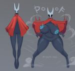 absurd_res animal_humanoid anthro areola arthropod arthropod_humanoid big_breasts biped black_body black_skin blue_areola blue_nipples blush blush_lines bouncing_breasts breasts cloak clothed clothing cyber_d1e dark_body dark_skin embarrassed female genitals grey_background hi_res hollow_knight_(franchise) horned_mask hornet_(hollow_knight) huge_breasts humanoid insect insect_humanoid mask mostly_nude motion_lines nipples non-mammal_breasts non-mammal_nipples non-mammal_vulva onomatopoeia partially_clothed red_cloak red_clothing shocked signature simple_background slightly_chubby slightly_chubby_female solo sound_effects standing team_cherry text transformation vulva white_mask wind