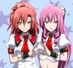  2girls akuma_no_riddle bangs blue_background bow brown_eyes c-wing closed_mouth collared_shirt crop_top drill_hair eyebrows_visible_through_hair hair_between_eyes hair_bow hair_ornament hairclip inukai_isuke long_hair looking_at_viewer midriff multiple_girls necktie open_mouth pink_hair ponytail red_bow red_hair red_neckwear sagae_haruki shiny shiny_hair shirt short_sleeves smile starry_background stomach tied_hair twin_drills upper_body very_long_hair white_shirt wing_collar wrist_cuffs yellow_eyes 