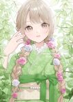  1girl braid brown_eyes commentary_request flower green_kimono hair_flower hair_ornament hair_over_shoulder hand_up highres japanese_clothes kimono leaf long_hair looking_at_viewer nail_polish nozawa_(nooo1709) obi original pink_flower pink_nails pink_rose rose sash solo twin_braids upper_body white_flower white_rose 