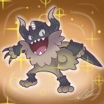  alternate_color artg0blin beard claws commentary english_commentary facial_hair full_body highres horns legs_apart no_humans open_mouth perrserker pokemon pokemon_(creature) pokemon_focus sharp_teeth shiny_pokemon signature smile solo sparkle teeth 
