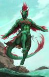  absurd_res anthro breasts claws clothing detailed_background dinosaur dromaeosaurid feathered_dinosaur feathers female green_body green_scales hi_res honovy loincloth midair muscular muscular_female navel non-mammal_breasts outside red_body red_feathers red_scales reptile running scales scalie solo stripes theropod thick_tail tribal uthalla velociraptor water yellow_sclera 