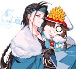  1boy altaria aqua_haori arm_guards black_hair black_kimono blue_hair braid brown_hair captain_nobu commentary_request crest curtained_hair family_crest fate/grand_order fate_(series) fur_shawl grey_eyes haori hat highres japanese_clothes keikenchi_(style) kimono kondou_isami_(fate) kondou_isami_(white_kotetsu)_(fate) looking_at_viewer military_hat mini_nobu_(fate) multicolored_hair oda_nobunaga_(fate) oda_uri pokemon red_hair shawl single_braid streaked_hair swablu three-tone_hair twitter_username white_background white_hat yui_(tamagohan) 