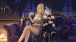  2girls black_dress black_horns black_thighhighs blonde_hair blue_eyes breasts candle character_request cleavage closed_eyes commission copyright_request couch crossed_legs cup curtains demon_tail dress hair_between_eyes highres holding holding_cup holding_saucer horns long_hair multiple_girls on_couch open_mouth pillow sakichka saucer sitting smile tail thighhighs white_dress window 