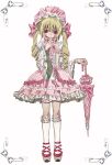  1girl bad_id bad_twitter_id blonde_hair bonnet bow bowtie dress drill_hair frilled_dress frilled_sleeves frilled_socks frills full_body hand_up highres holding holding_umbrella kneehighs lolita_fashion long_hair long_sleeves looking_at_viewer niwanosekai original parasol pink_bonnet pink_bow pink_bowtie pink_dress pink_umbrella red_eyes red_shoes shoes smile socks solo standing twin_drills twintails umbrella white_background white_socks 