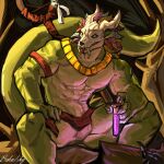 abs absurd_res animal_genitalia anthro bahusky bone bone_mask forked_tongue genital_slit genitals green_body hi_res holding_object lihzahrd lizard lizardman male mask muscular muscular_anthro muscular_male nipples pecs reptile scalie skull skull_mask solo tail terraria tongue tongue_out witch_doctor_(terraria)